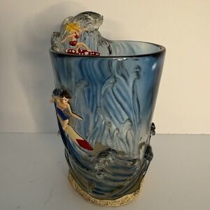 VTG Dean Miller Surfing Cup Tumbler w Relief Surfer Figures on Waves Signed